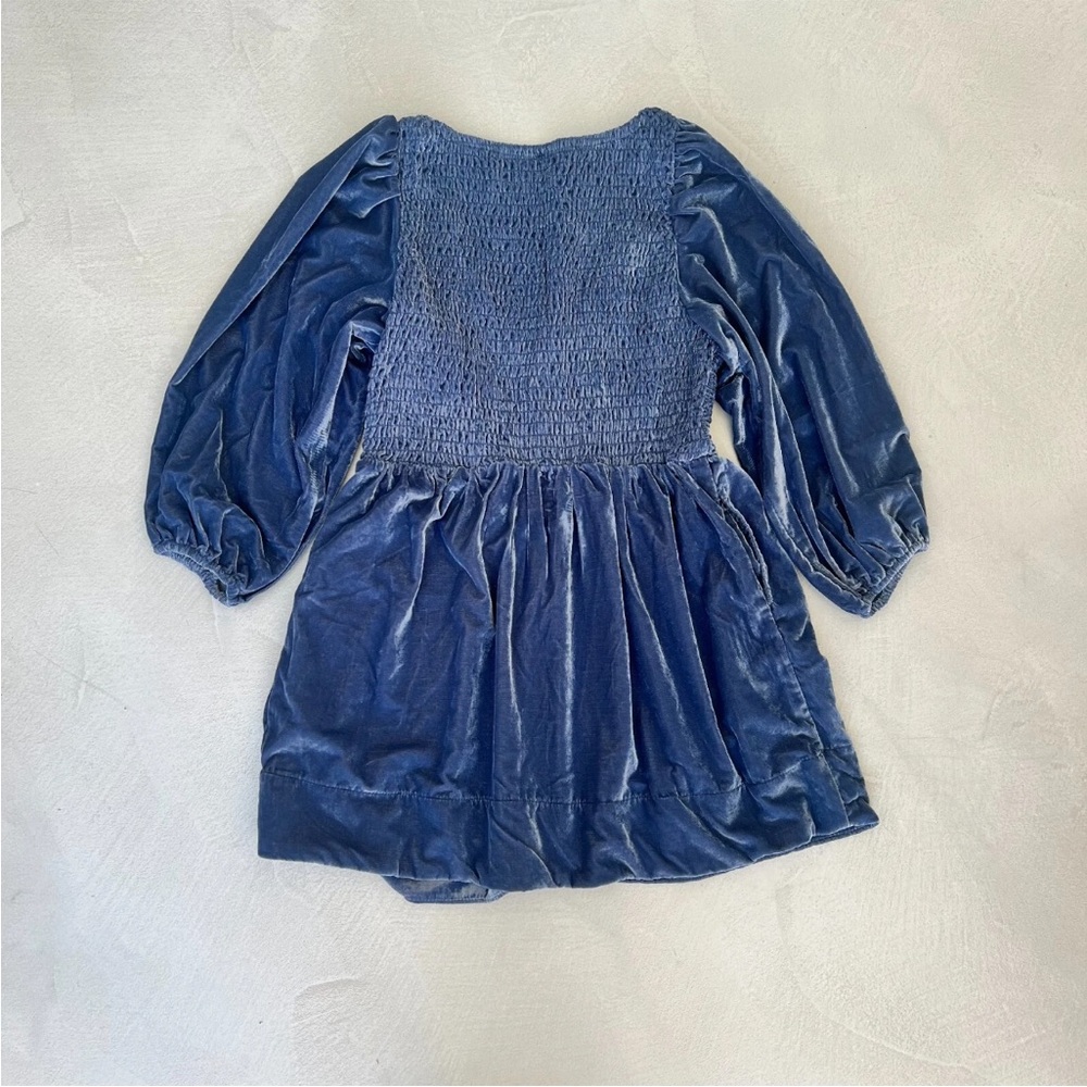 NWT Free People Farrier Harbour Blue Velvet Smocked Puff Sleeve Dress - Picture 6 of 7